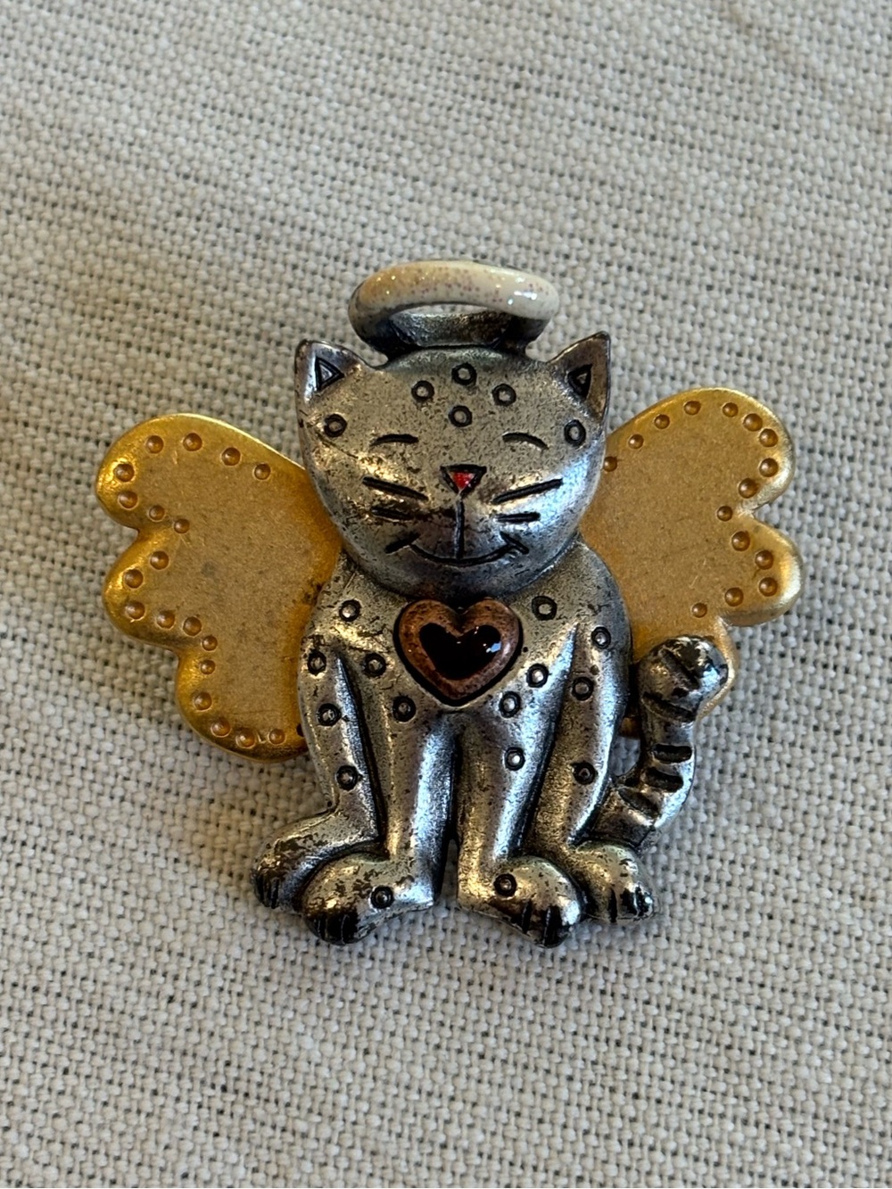 Vintage AJMC Mixed Metal Cat Angel Halo Brooch Pin Whimsical Signed